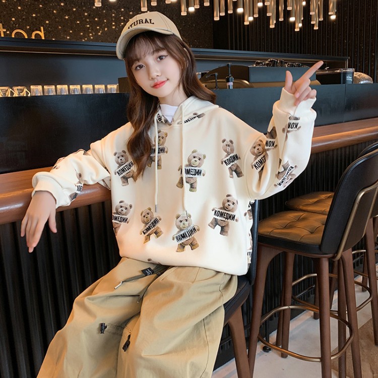 Girl's 2021 Brushed Hoody Hooded Bear Printed Pattern Sweet Princess Autumn and Winter Long Sleeves Top for Middle and Big Children Girl's 2021 Brushed Hoody Hooded Bear Printed Pattern Sweet Princess Autumn and Winter Long Sleeves Top for Middle and Big Children