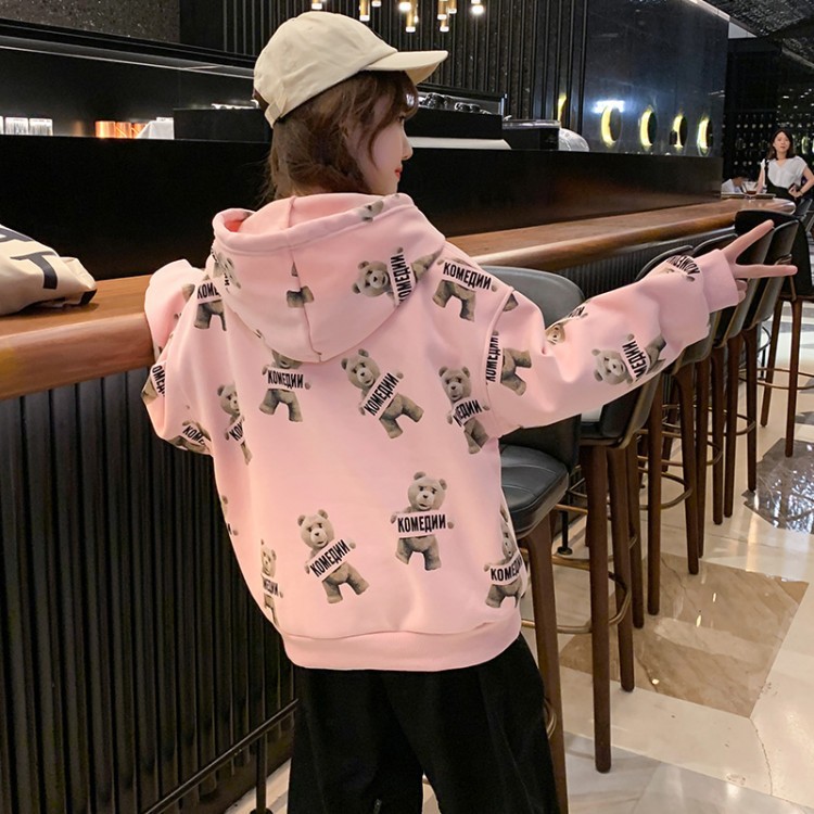 Girl&#039;s 2021 Brushed Hoody Hooded Bear Printed Pattern Sweet Princess Autumn and Winter Long Sleeves Top for Middle and Big Children
