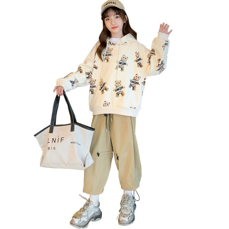 Girl&#039;s 2021 Brushed Hoody Hooded Bear Printed Pattern Sweet Princess Autumn and Winter Long Sleeves Top for Middle and Big Children