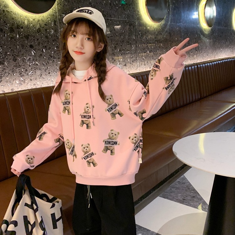 Girl's 2021 Brushed Hoody Hooded Bear Printed Pattern Sweet Princess Autumn and Winter Long Sleeves Top for Middle and Big Children Girl's 2021 Brushed Hoody Hooded Bear Printed Pattern Sweet Princess Autumn and Winter Long Sleeves Top for Middle and Big Children