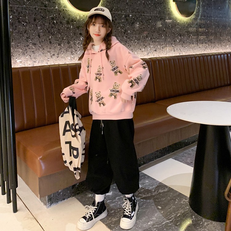 Girl's 2021 Brushed Hoody Hooded Bear Printed Pattern Sweet Princess Autumn and Winter Long Sleeves Top for Middle and Big Children Girl's 2021 Brushed Hoody Hooded Bear Printed Pattern Sweet Princess Autumn and Winter Long Sleeves Top for Middle and Big Children