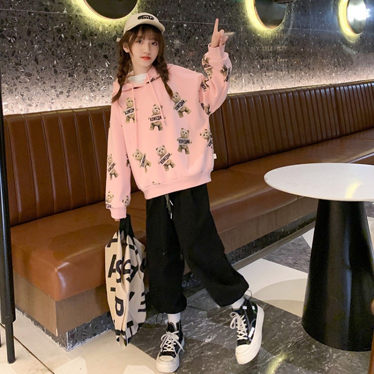Girl's 2021 Brushed Hoody Hooded Bear Printed Pattern Sweet Princess Autumn and Winter Long Sleeves Top for Middle and Big Children Girl's 2021 Brushed Hoody Hooded Bear Printed Pattern Sweet Princess Autumn and Winter Long Sleeves Top for Middle and Big Children