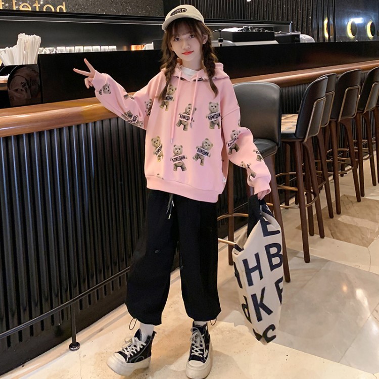 Girl's 2021 Brushed Hoody Hooded Bear Printed Pattern Sweet Princess Autumn and Winter Long Sleeves Top for Middle and Big Children Girl's 2021 Brushed Hoody Hooded Bear Printed Pattern Sweet Princess Autumn and Winter Long Sleeves Top for Middle and Big Children