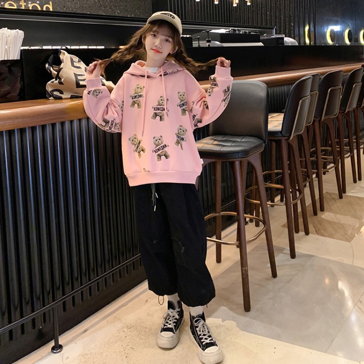 Girl's 2021 Brushed Hoody Hooded Bear Printed Pattern Sweet Princess Autumn and Winter Long Sleeves Top for Middle and Big Children Girl's 2021 Brushed Hoody Hooded Bear Printed Pattern Sweet Princess Autumn and Winter Long Sleeves Top for Middle and Big Children