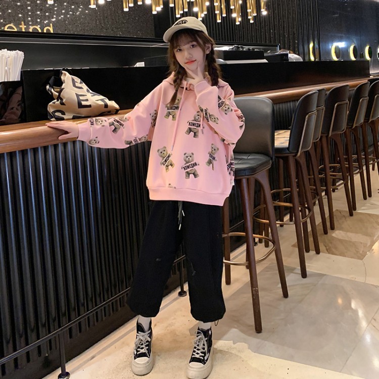 Girl's 2021 Brushed Hoody Hooded Bear Printed Pattern Sweet Princess Autumn and Winter Long Sleeves Top for Middle and Big Children Girl's 2021 Brushed Hoody Hooded Bear Printed Pattern Sweet Princess Autumn and Winter Long Sleeves Top for Middle and Big Children