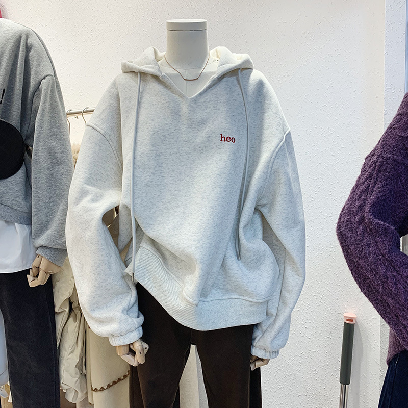 2021 Autumn and Winter New Women&#039;s Clothing Korean-Style Long-Sleeved Hooded V-neck Fleece-Lined Thick Loose Hoody