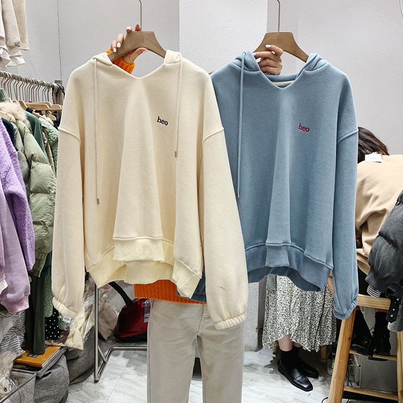2021 Autumn and Winter New Women&#039;s Clothing Korean-Style Long-Sleeved Hooded V-neck Fleece-Lined Thick Loose Hoody