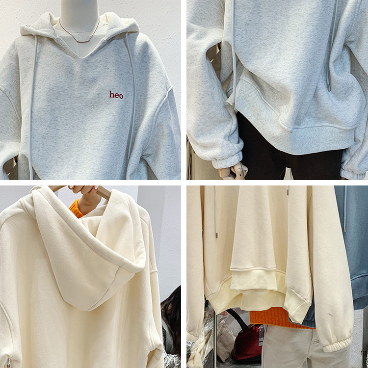 2021 Autumn and Winter New Women&#039;s Clothing Korean-Style Long-Sleeved Hooded V-neck Fleece-Lined Thick Loose Hoody