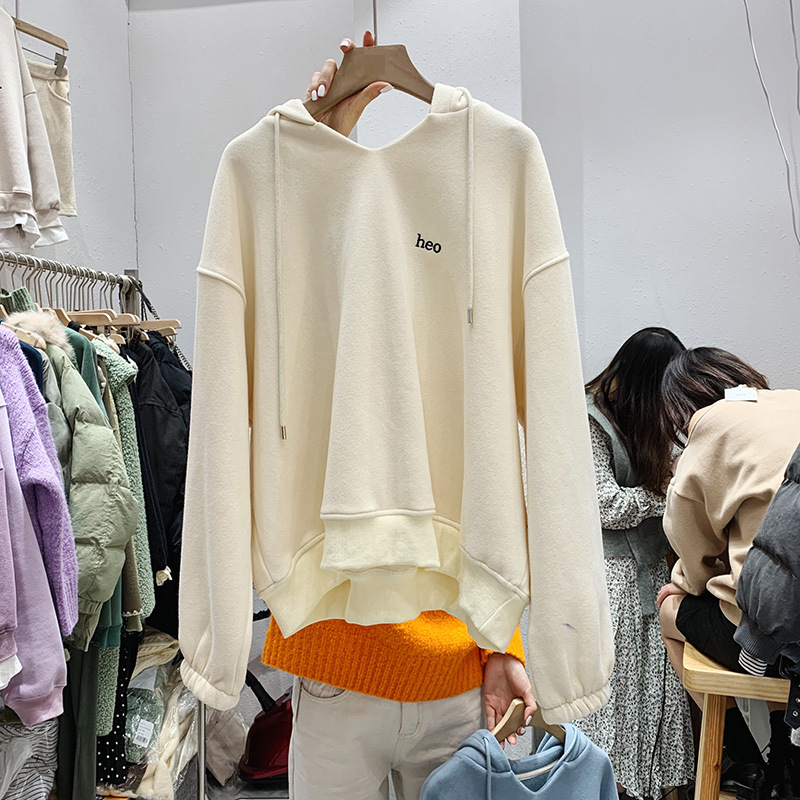2021 Autumn and Winter New Women's Clothing Korean-Style Long-Sleeved Hooded V-neck Fleece-Lined Thick Loose Hoody 2021 Autumn and Winter New Women's Clothing Korean-Style Long-Sleeved Hooded V-neck Fleece-Lined Thick Loose Hoody