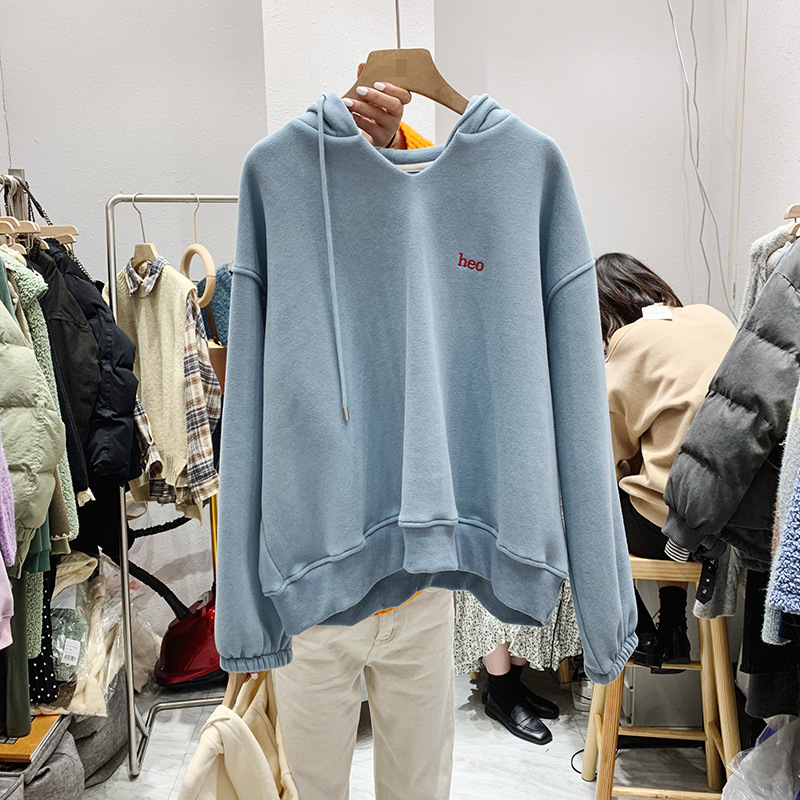 2021 Autumn and Winter New Women's Clothing Korean-Style Long-Sleeved Hooded V-neck Fleece-Lined Thick Loose Hoody 2021 Autumn and Winter New Women's Clothing Korean-Style Long-Sleeved Hooded V-neck Fleece-Lined Thick Loose Hoody