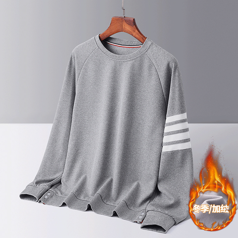 Men&#039;s Waffle Brushed Hoody Autumn and Winter Fashion Brand Casual round Neck Pullover Top Clothes Striped TB Long Sleeve T-shirt Men