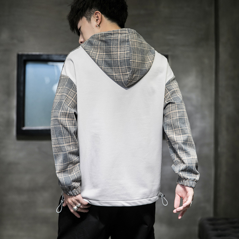 Hooded Sweater Men Fashion Brands Fake Two-Piece Long Sleeve Plaid Top Clothes Korean Style Trendy Loose Jeans for Hoody