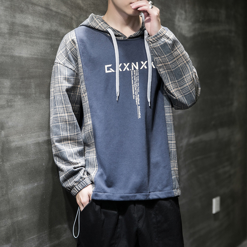 Hooded Sweater Men Fashion Brands Fake Two-Piece Long Sleeve Plaid Top Clothes Korean Style Trendy Loose Jeans for Hoody