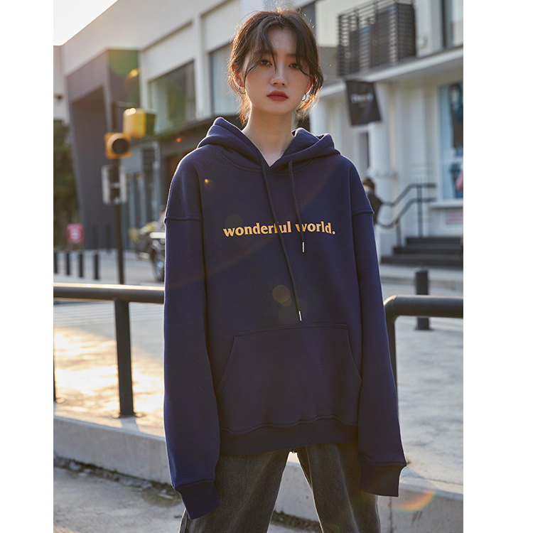 2021 Autumn and Winter New Korean Style Letter Hooded Fleece Padded Coat Top Loose and Idle BF Student Pullover   Hoody