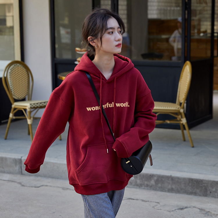 2021 Autumn and Winter New Korean Style Letter Hooded Fleece Padded Coat Top Loose and Idle BF Student Pullover   Hoody