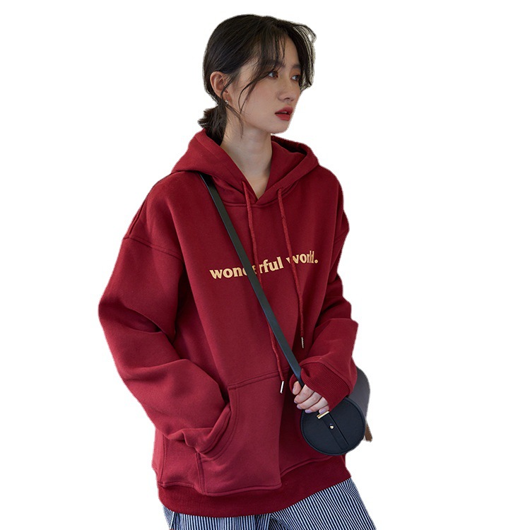 2021 Autumn and Winter New Korean Style Letter Hooded Fleece Padded Coat Top Loose and Idle BF Student Pullover   Hoody