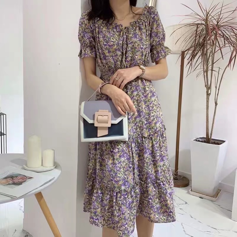 French Style First Love Skirt Retro Super-Fairy Floral Dress for Women 2020 Summer High Waist Slimming Platycodon Grandiflorum Chiffon Fairy Dress