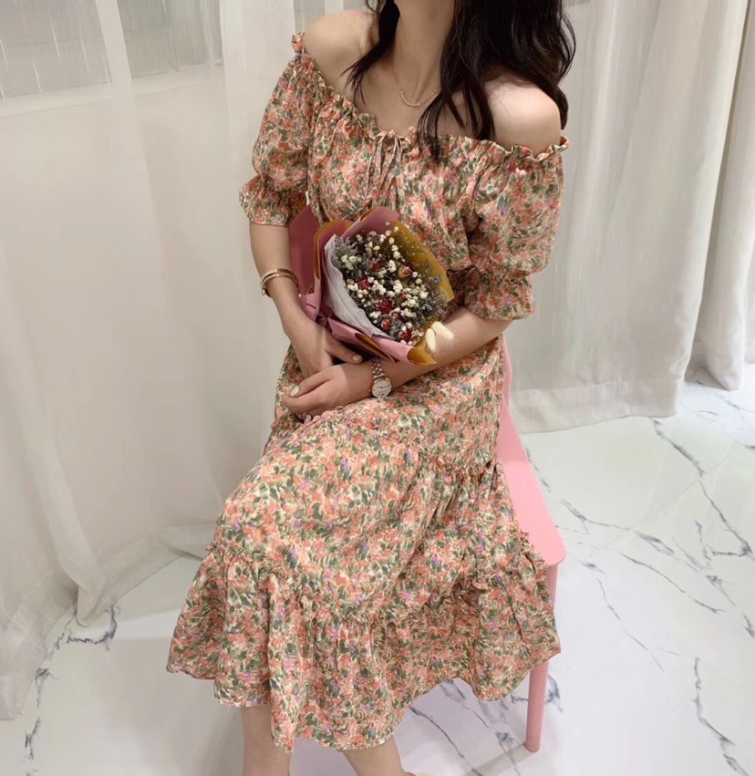 French Style First Love Skirt Retro Super-Fairy Floral Dress for Women 2020 Summer High Waist Slimming Platycodon Grandiflorum Chiffon Fairy Dress