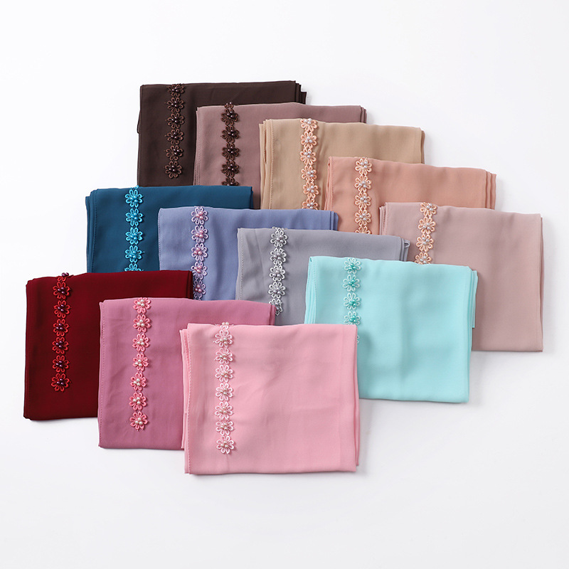 New Indonesia Baotou Scarf Pearl Chiffon Material Nail Pearl Decorative Scarf Scarf Wholesale