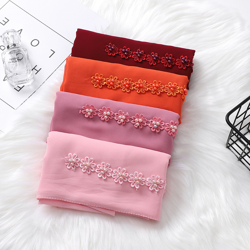 New Indonesia Baotou Scarf Pearl Chiffon Material Nail Pearl Decorative Scarf Scarf Wholesale