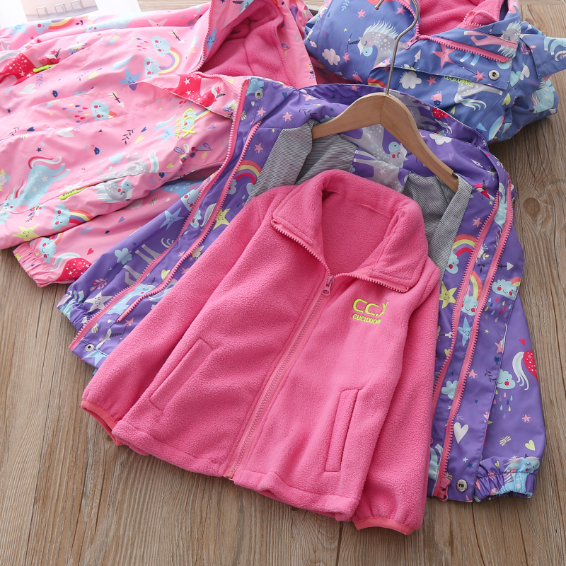 Girls&#039; Jackets 2020 New Fleece-Lined Detachable Three-in-One Baby Girl Rainbow Fashionable Jacket Children&#039;s Autumn and Winter Clothes