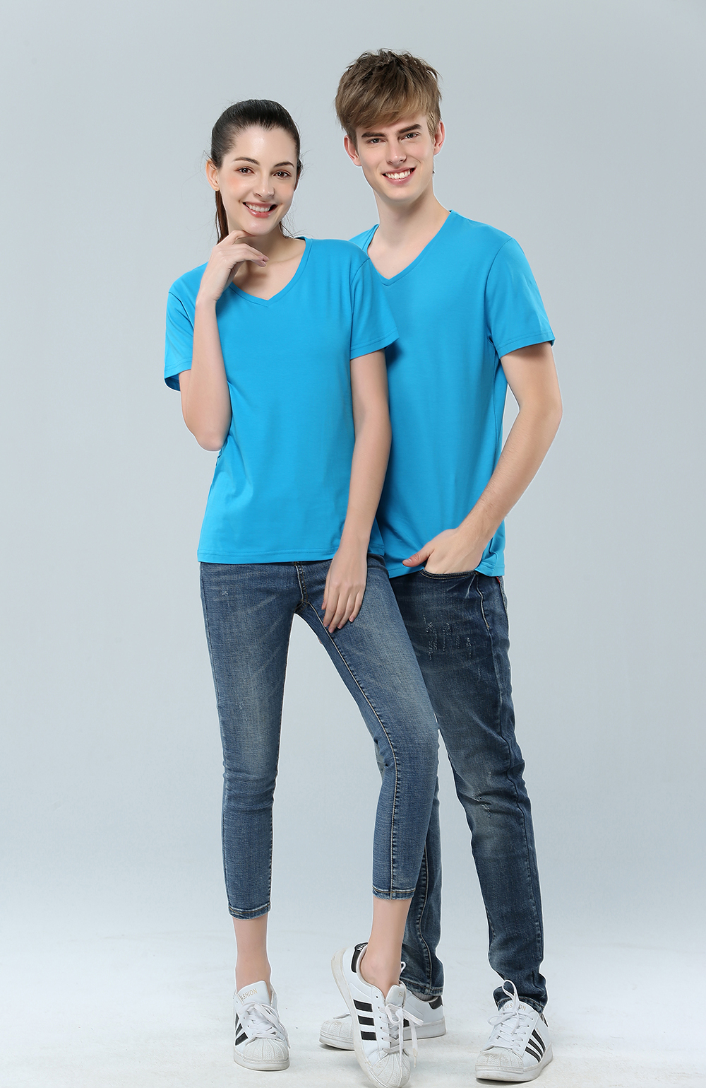 Solid color short sleeved T-shirt heart v collar summer T-shirt loose slim fit bottom coat