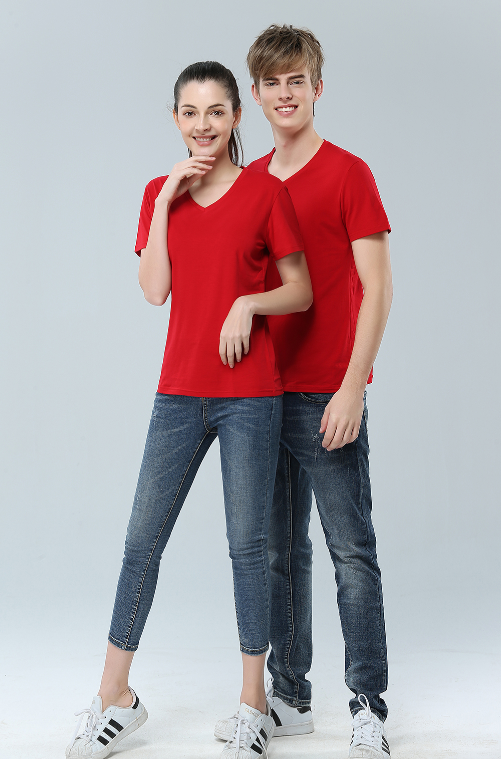 Solid color short sleeved T-shirt heart v collar summer T-shirt loose slim fit bottom coat