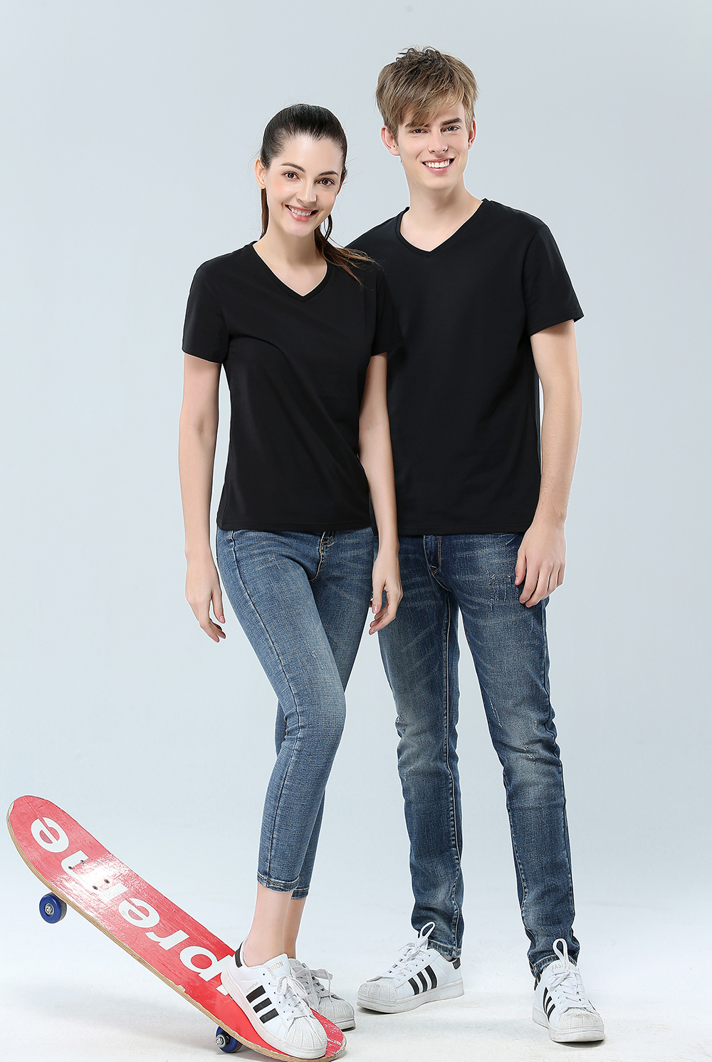 Solid color short sleeved T-shirt heart v collar summer T-shirt loose slim fit bottom coat