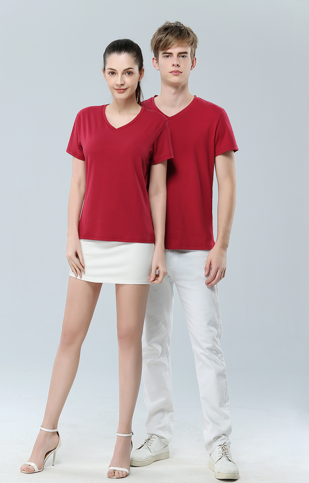 Solid color short sleeved T-shirt heart v collar summer T-shirt loose slim fit bottom coat