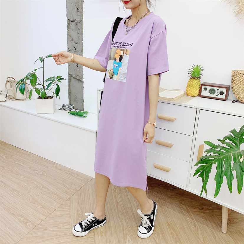 Long T-shirt Skirt Summer 2020 New Korean Style Internet Celebrity Mid-Length Loose Casual Print Knee-Length Short-Sleeved T-shirt Women&#039;s Fashion