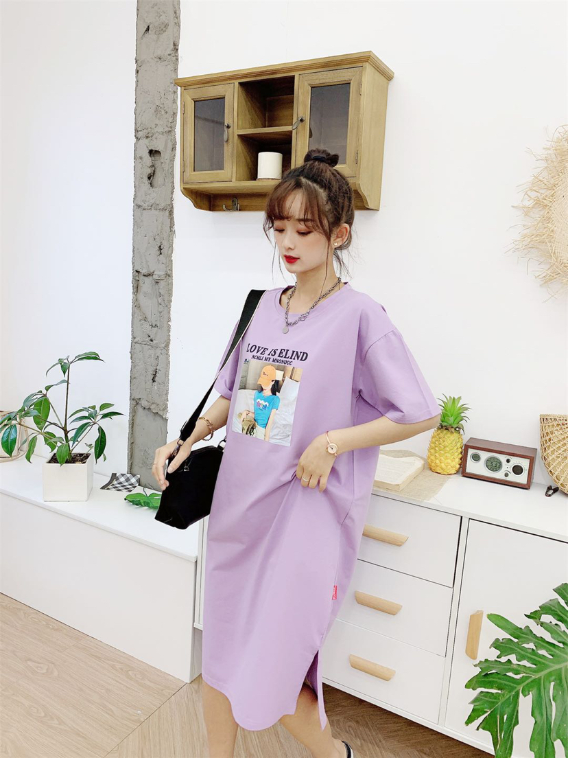 Long T-shirt Skirt Summer 2020 New Korean Style Internet Celebrity Mid-Length Loose Casual Print Knee-Length Short-Sleeved T-shirt Women's Fashion