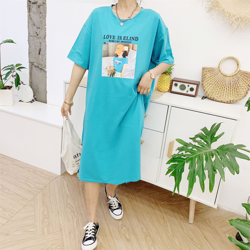 Long T-shirt Skirt Summer 2020 New Korean Style Internet Celebrity Mid-Length Loose Casual Print Knee-Length Short-Sleeved T-shirt Women's Fashion
