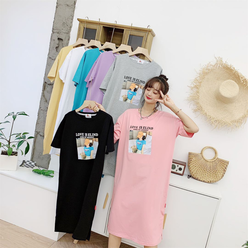 Long T-shirt Skirt Summer 2020 New Korean Style Internet Celebrity Mid-Length Loose Casual Print Knee-Length Short-Sleeved T-shirt Women's Fashion