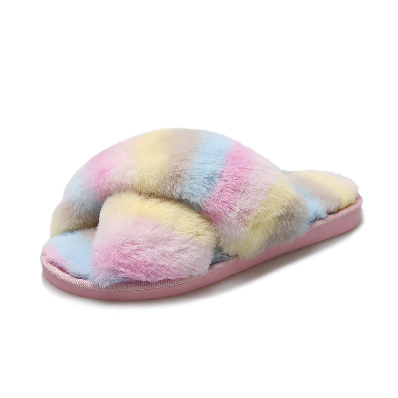Amazon Cross-Border Foreign Trade Rainbow Color Cross Fluffy Slippers Women's Home Indoor and Outdoor Open Toe Cotton Slippers plus Size