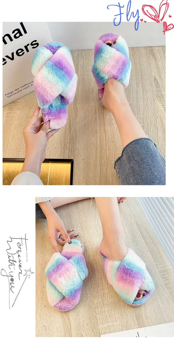 Amazon Cross-Border Foreign Trade Rainbow Color Cross Fluffy Slippers Women's Home Indoor and Outdoor Open Toe Cotton Slippers plus Size