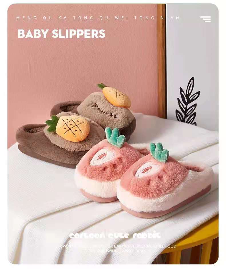 2021 New Children Cotton Slippers Girls Winter Home Warm Cartoon Strawberry Boys Middle Children Parent-Child Fluffy Slippers