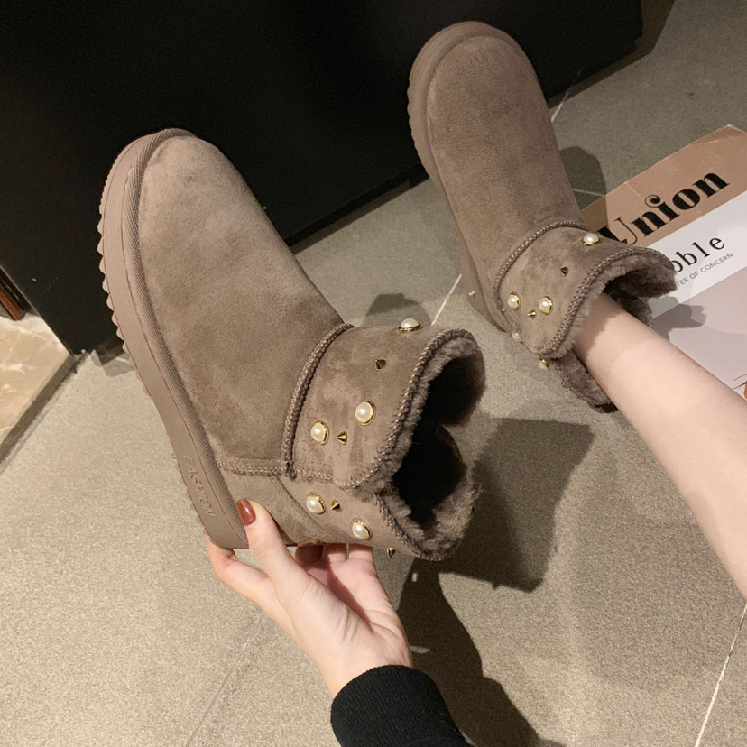 New Winter Korean Style Fashion round Toe Solidcolor Mid-Calf Length Snow Boots Flat Warm Women&#039;s Boots Fashionable Rivet
