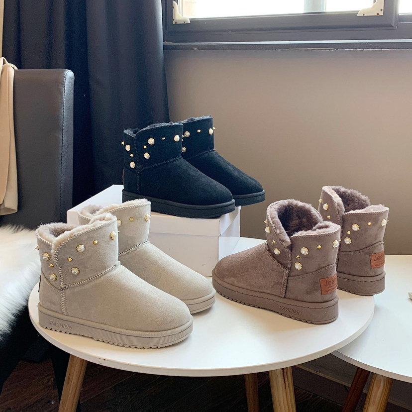 New Winter Korean Style Fashion round Toe Solidcolor Mid-Calf Length Snow Boots Flat Warm Women's Boots Fashionable Rivet