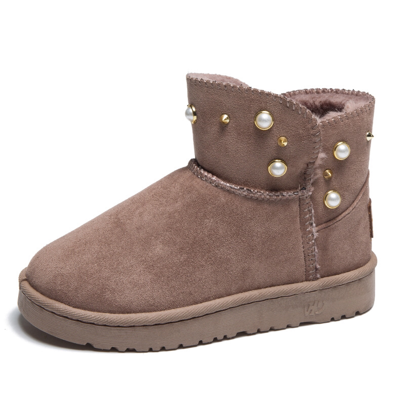 New Winter Korean Style Fashion round Toe Solidcolor Mid-Calf Length Snow Boots Flat Warm Women's Boots Fashionable Rivet