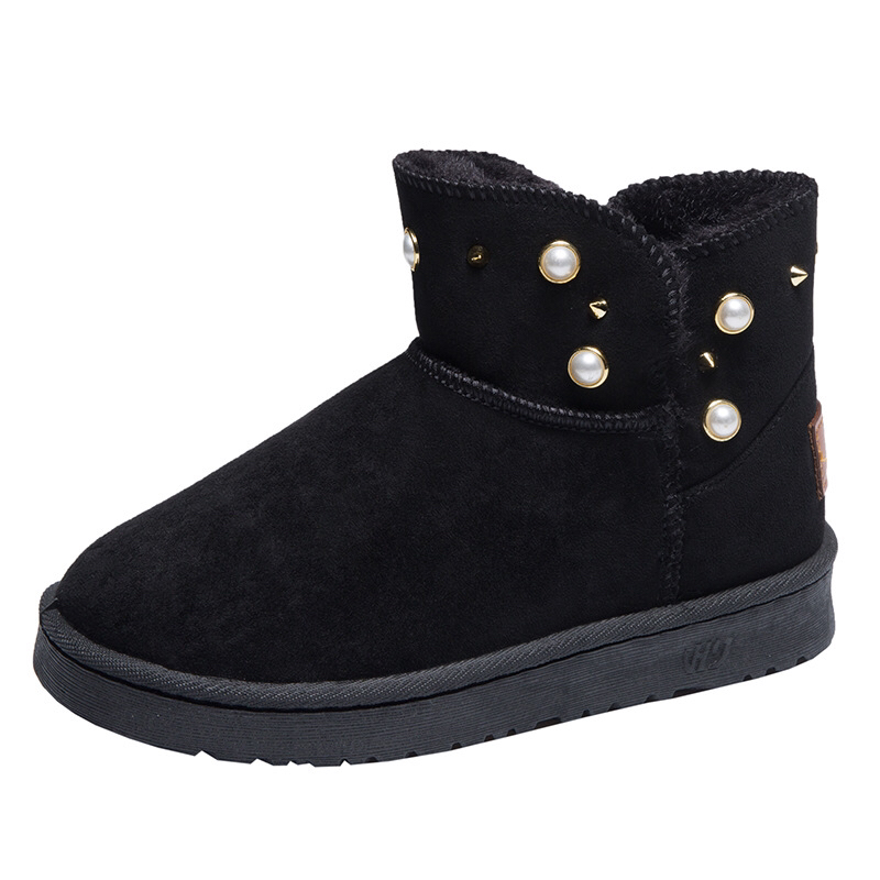 New Winter Korean Style Fashion round Toe Solidcolor Mid-Calf Length Snow Boots Flat Warm Women's Boots Fashionable Rivet
