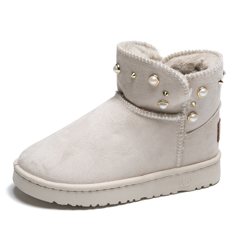 New Winter Korean Style Fashion round Toe Solidcolor Mid-Calf Length Snow Boots Flat Warm Women's Boots Fashionable Rivet