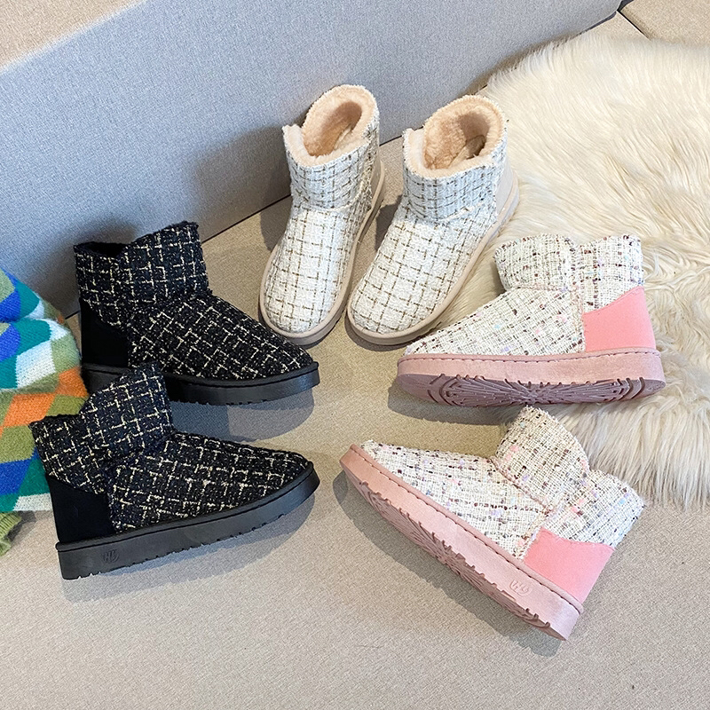 New Snow Boots Women's Fleece-Lined Thickened Short Cotton Boots Women's Winter Chanel-Style Mid-Calf Slip-on Women's