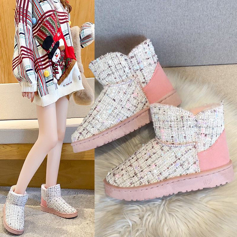 New Snow Boots Women's Fleece-Lined Thickened Short Cotton Boots Women's Winter Chanel-Style Mid-Calf Slip-on Women's