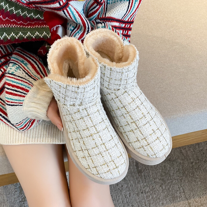 New Snow Boots Women's Fleece-Lined Thickened Short Cotton Boots Women's Winter Chanel-Style Mid-Calf Slip-on Women's