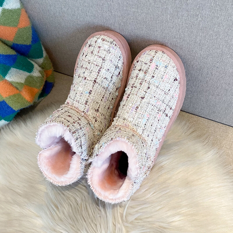 New Snow Boots Women's Fleece-Lined Thickened Short Cotton Boots Women's Winter Chanel-Style Mid-Calf Slip-on Women's