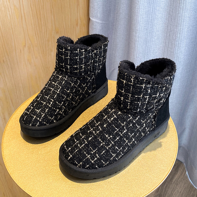 New Snow Boots Women's Fleece-Lined Thickened Short Cotton Boots Women's Winter Chanel-Style Mid-Calf Slip-on Women's