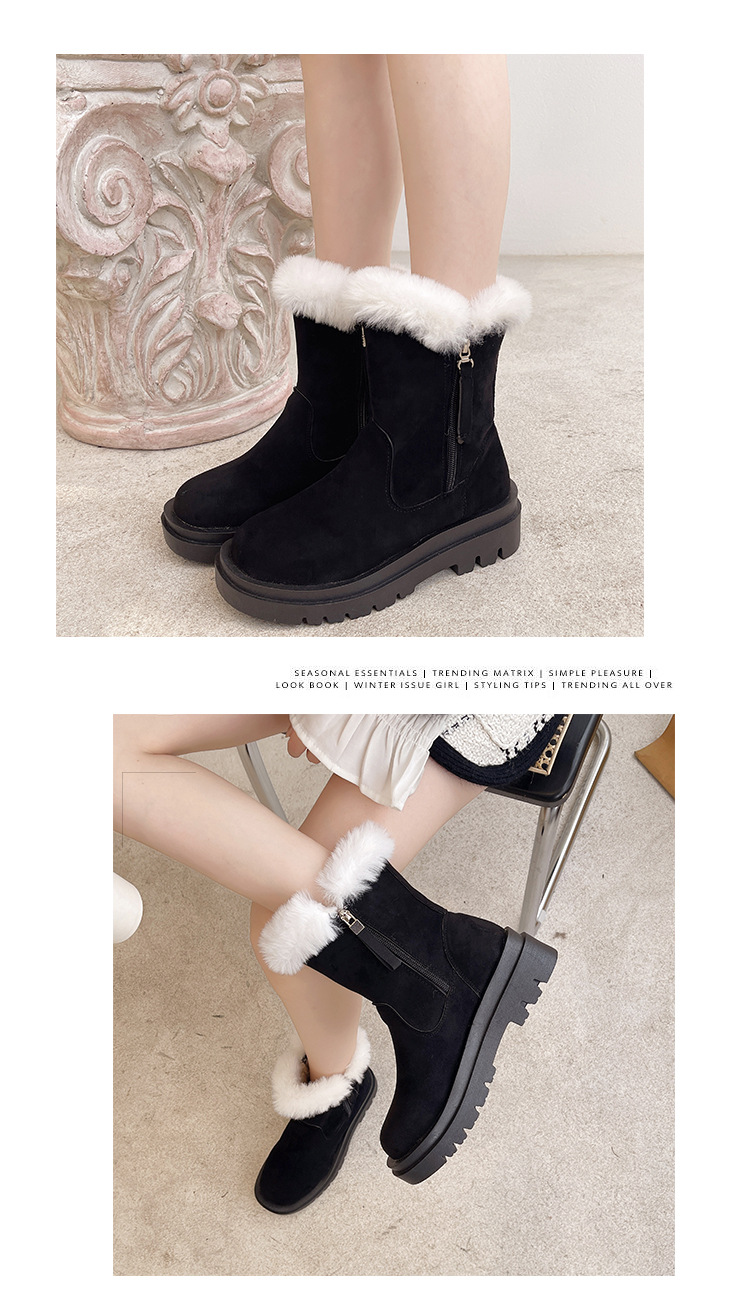 Snow Boots Women's Fur Mouth Mid-Calf 2021 Autumn and Winter New Women's Shoes Korean Style Thick Bottom Fleece-Lined Side Zipper Martin Boots Women's Shoes