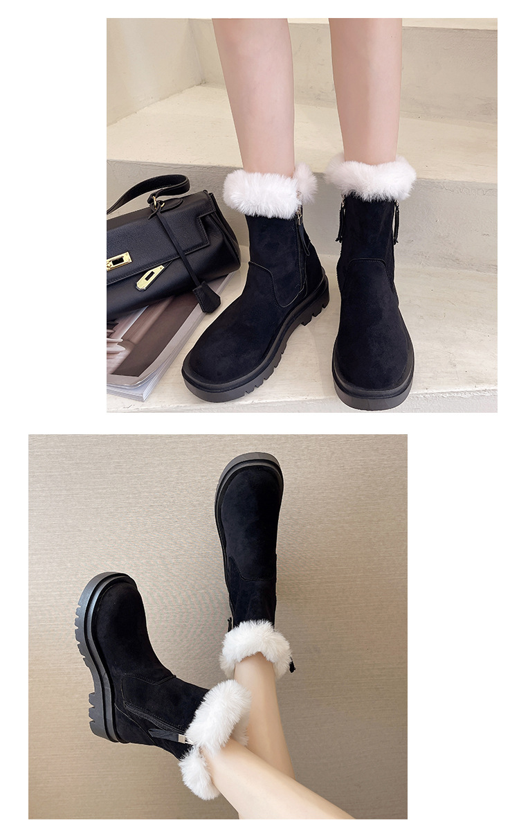 Snow Boots Women's Fur Mouth Mid-Calf 2021 Autumn and Winter New Women's Shoes Korean Style Thick Bottom Fleece-Lined Side Zipper Martin Boots Women's Shoes