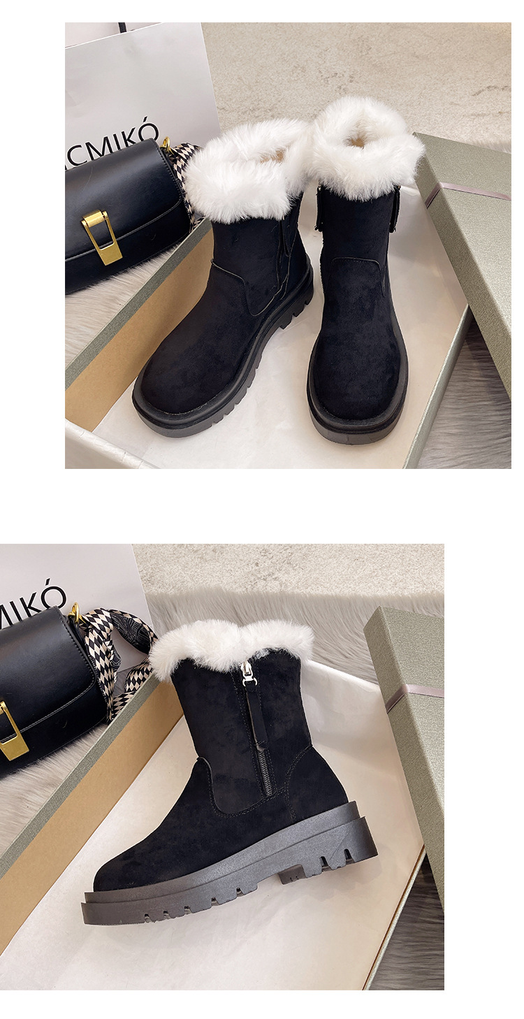 Snow Boots Women's Fur Mouth Mid-Calf 2021 Autumn and Winter New Women's Shoes Korean Style Thick Bottom Fleece-Lined Side Zipper Martin Boots Women's Shoes