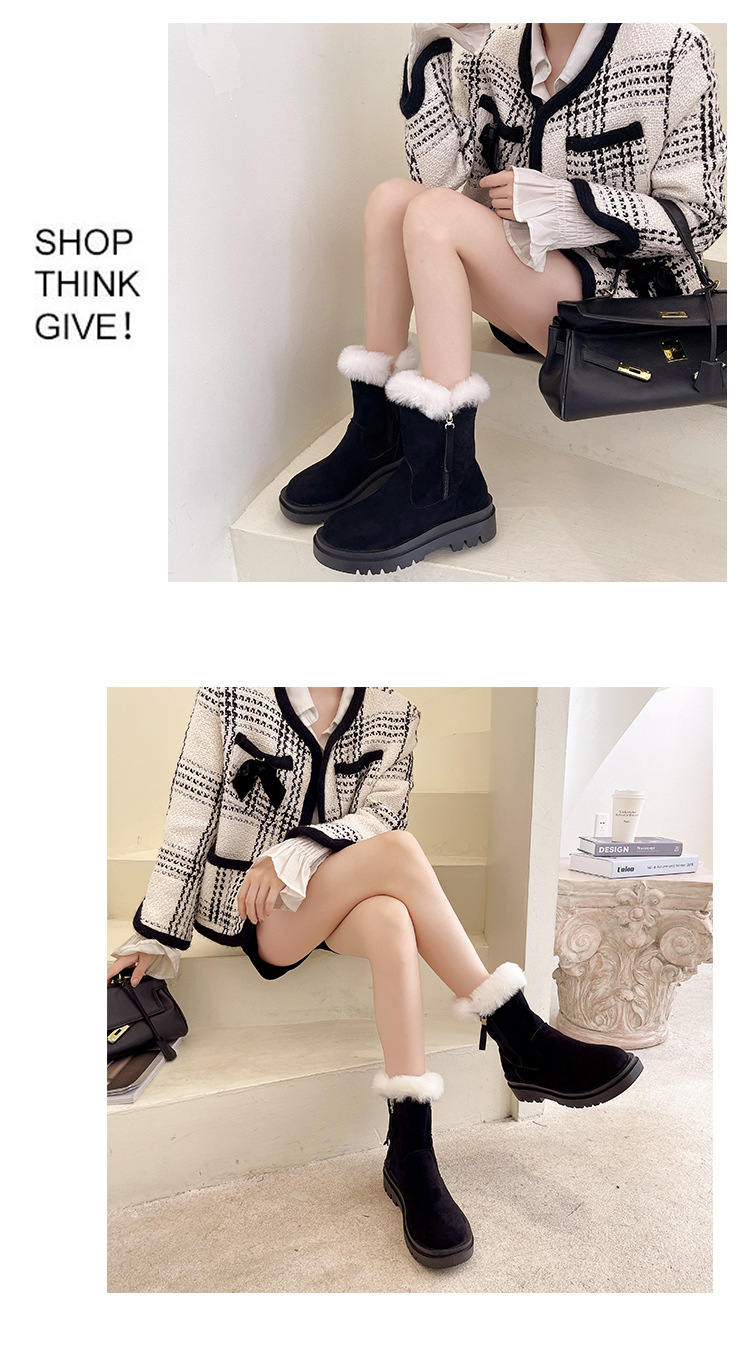 Snow Boots Women's Fur Mouth Mid-Calf 2021 Autumn and Winter New Women's Shoes Korean Style Thick Bottom Fleece-Lined Side Zipper Martin Boots Women's Shoes